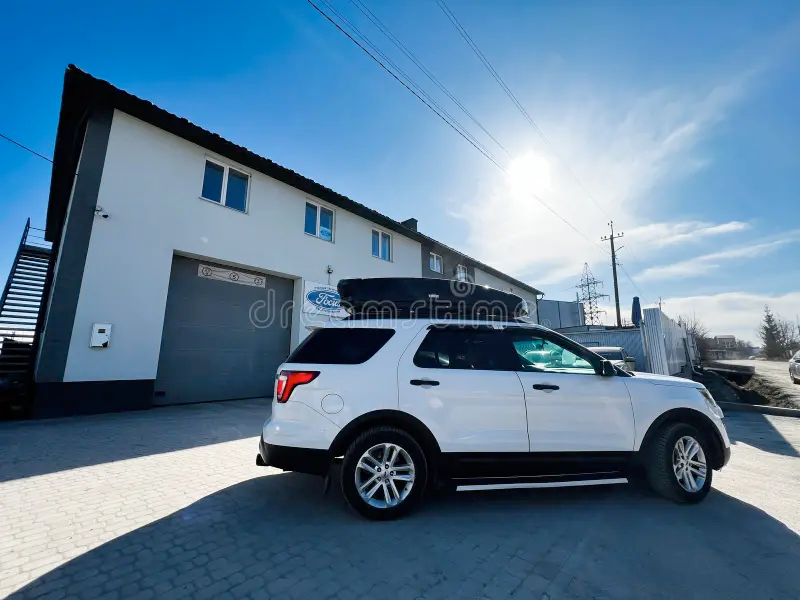 Modern white SUV parked in a safe neighborhood representing security